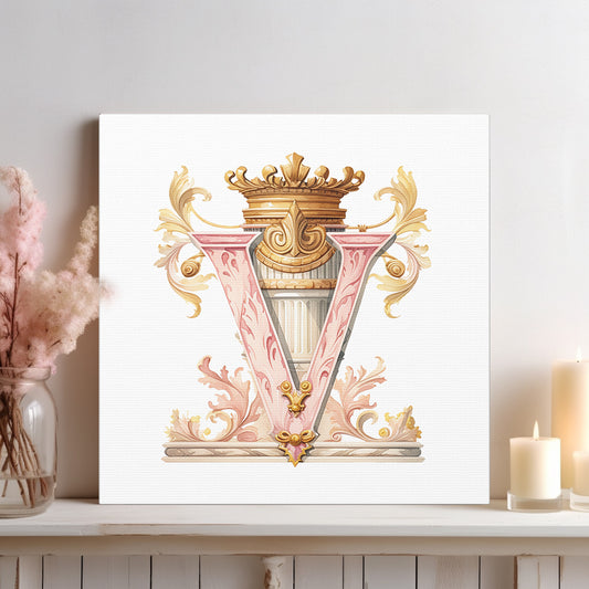 Monogram Style Letter V Canvas Print Gallery Wrap - Personalized Initial with Crown - Pink and Gold