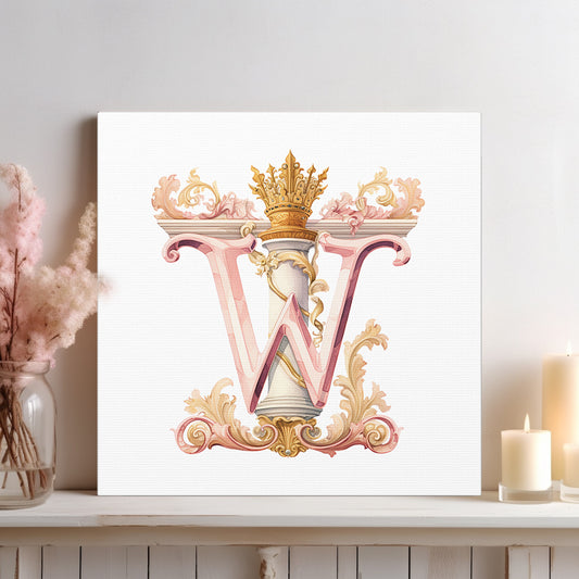 Monogram Style Letter W Canvas Print Gallery Wrap - Personalized Initial with Crown - Pink and Gold