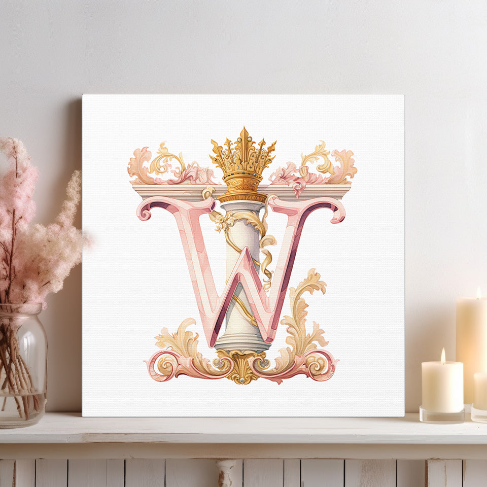 Monogram W Wall Art - Canvas Print Gallery Wrap - Single Initial Letter with Crown - Pink and Gold