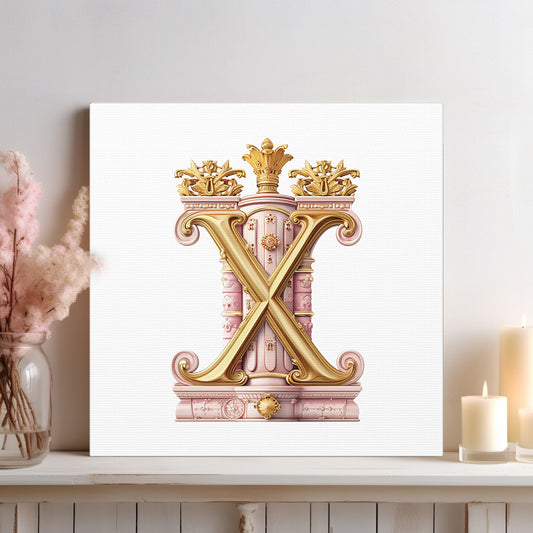 Monogram Style Letter X Canvas Print Gallery Wrap - Personalized Initial with Crown - Pink and Gold