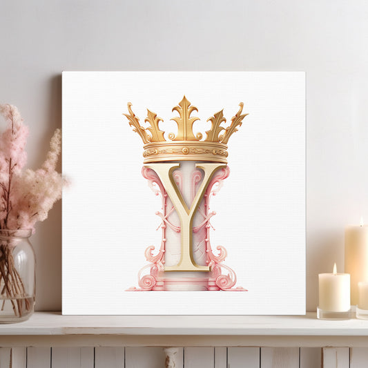 Monogram Style Letter Y Canvas Print Gallery Wrap - Personalized Initial with Crown - Pink and Gold