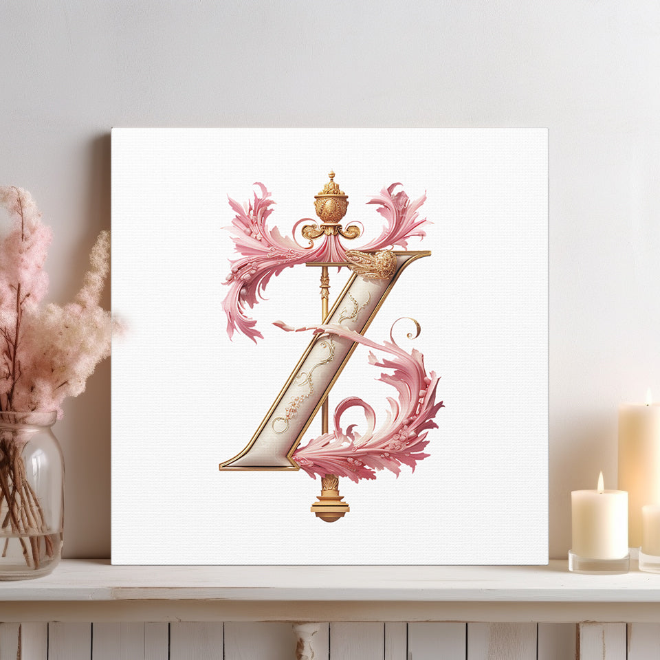 Monogram Z Wall Art - Canvas Print Gallery Wrap - Single Initial Letter with Crown - Pink and Gold