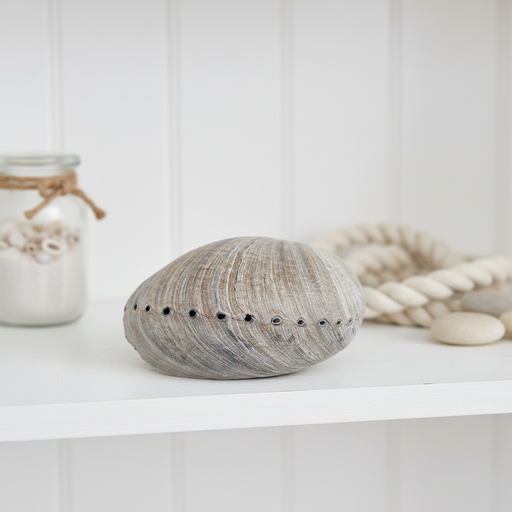 Genuine natural Black Abalone Shell Display – Haliotis cracherodii 5.1" on a white shelf with a jar and rope in a coastal interior setting