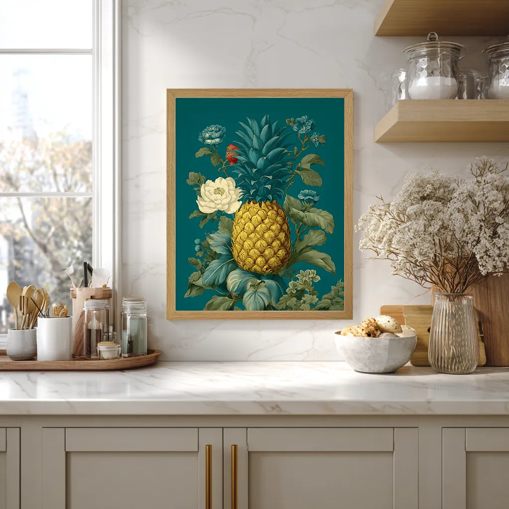 oak framed wall art of a pineapple, on the wall of a modern kitchen