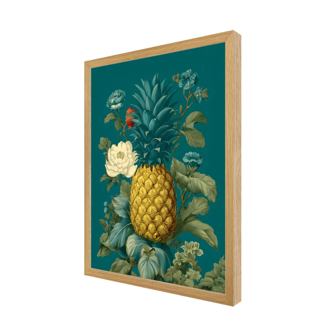 White Oak Framed artwork of a pineapple surrounded by flowers on a teal background 16" x 20" side view
