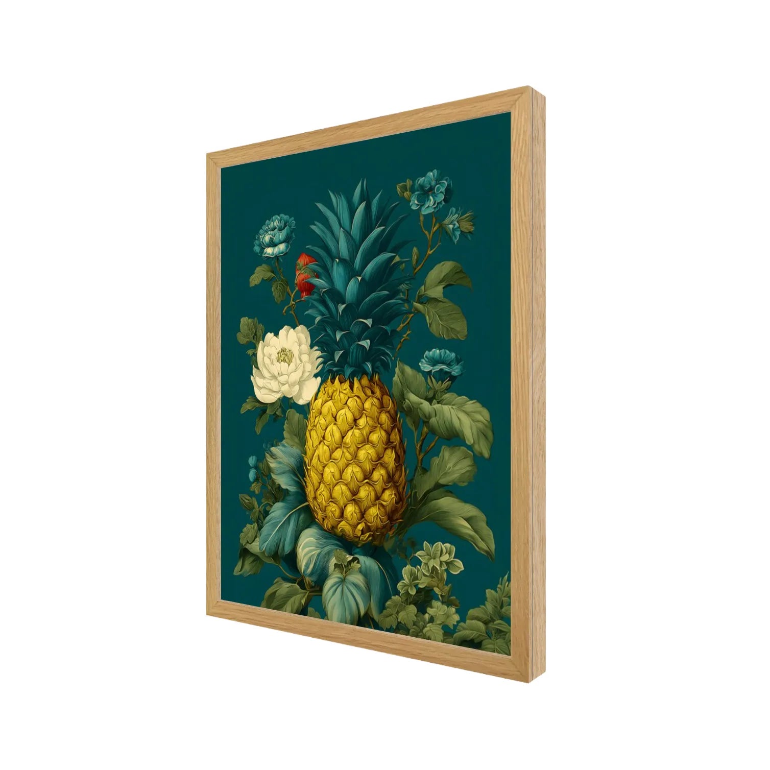 White Oak Framed artwork of a pineapple surrounded by flowers on a teal background 16" x 20" side view