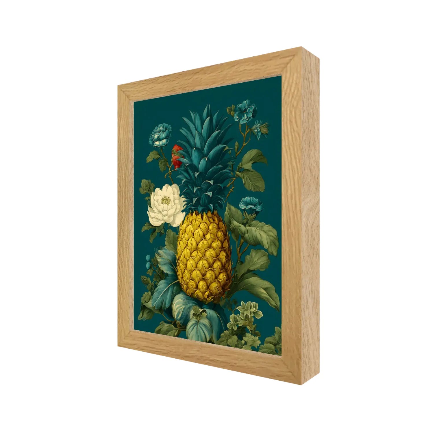 White Oak Framed artwork of a pineapple surrounded by flowers on a teal background 8" x 10" side view
