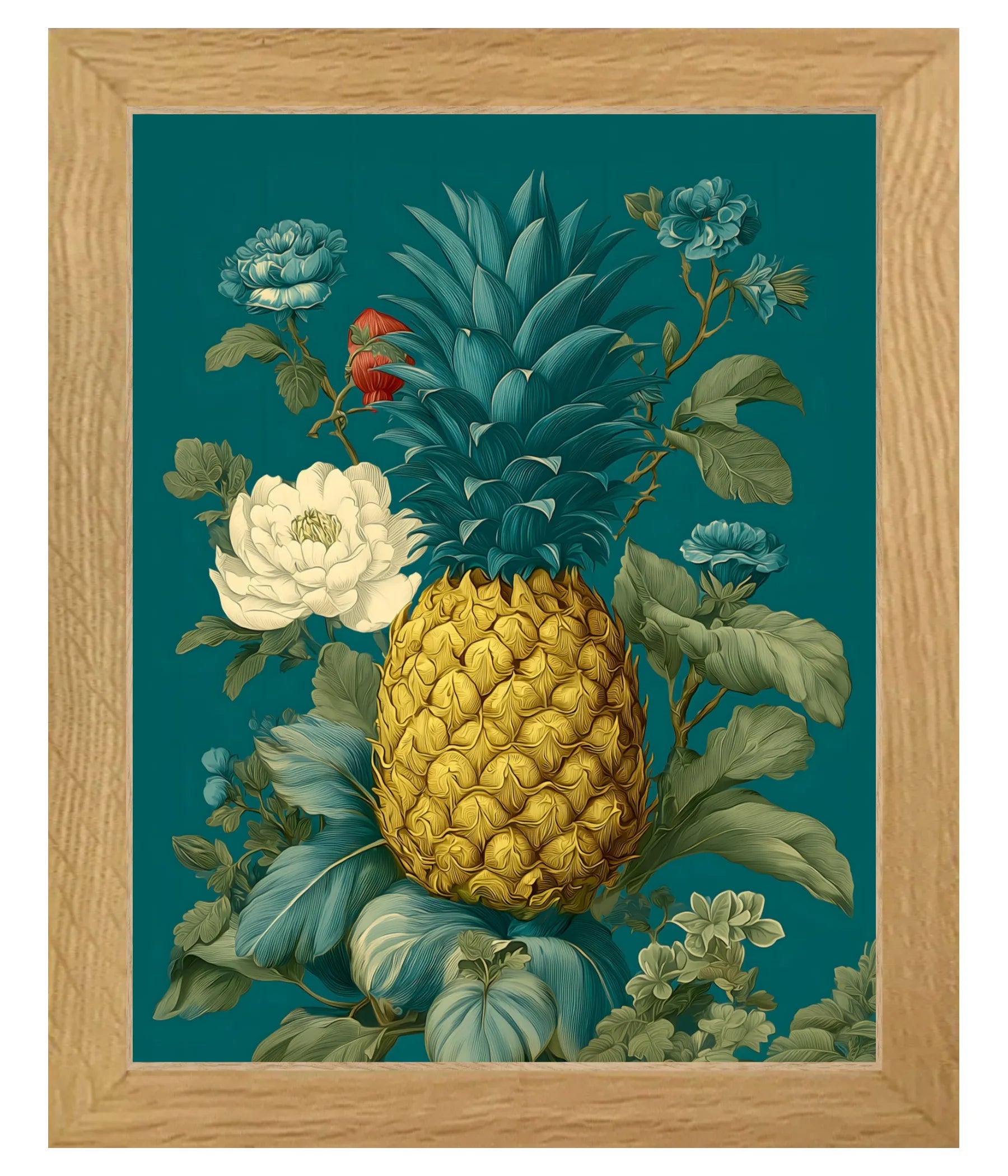 White Oak Framed artwork of a pineapple surrounded by flowers on a teal background 8" x 10"