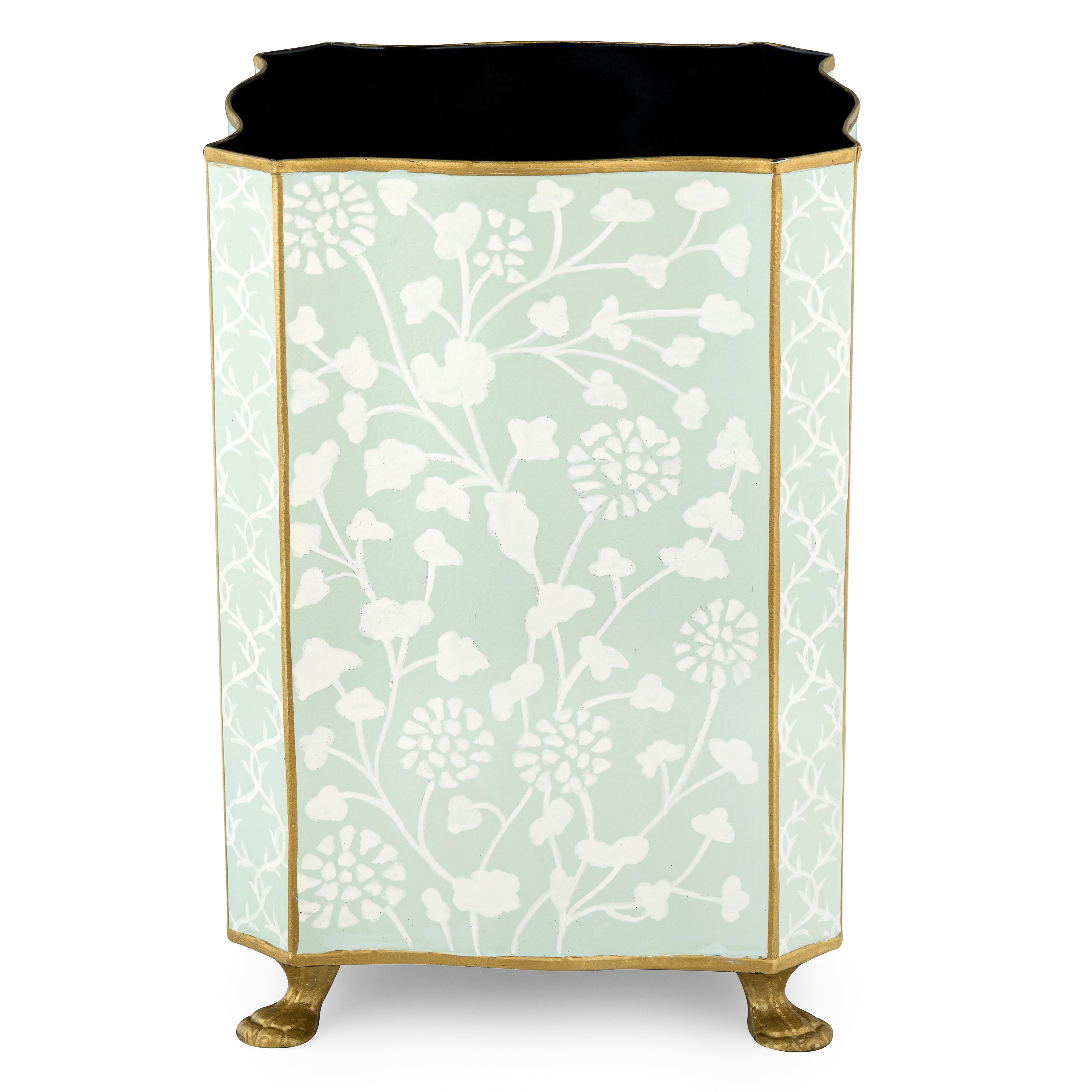 Decorative wastepaper basket with floral pattern and gold accents on a white background