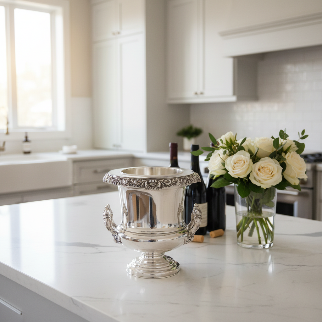 Old Sheffield wine cooler and bouquet of white roses on a kitchen counter