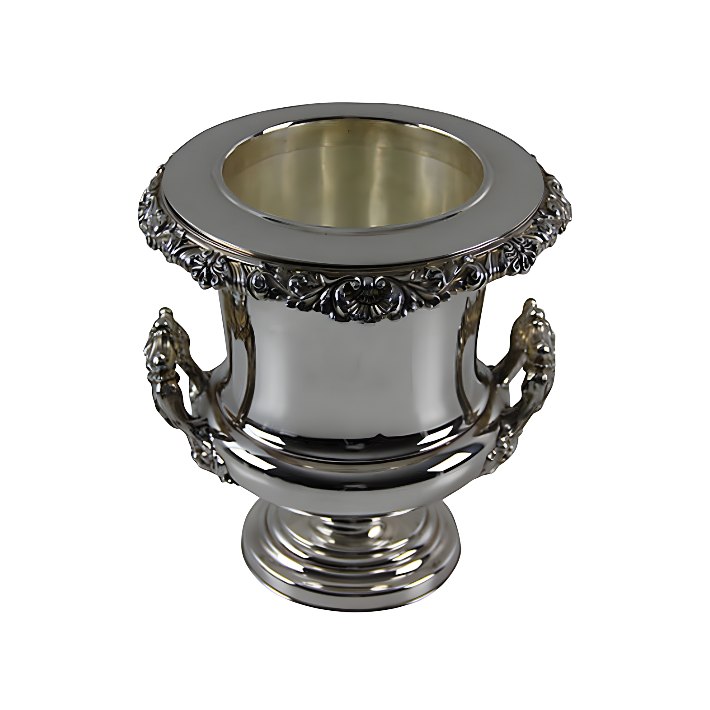 Decorative silver urn with intricate designs on a white background