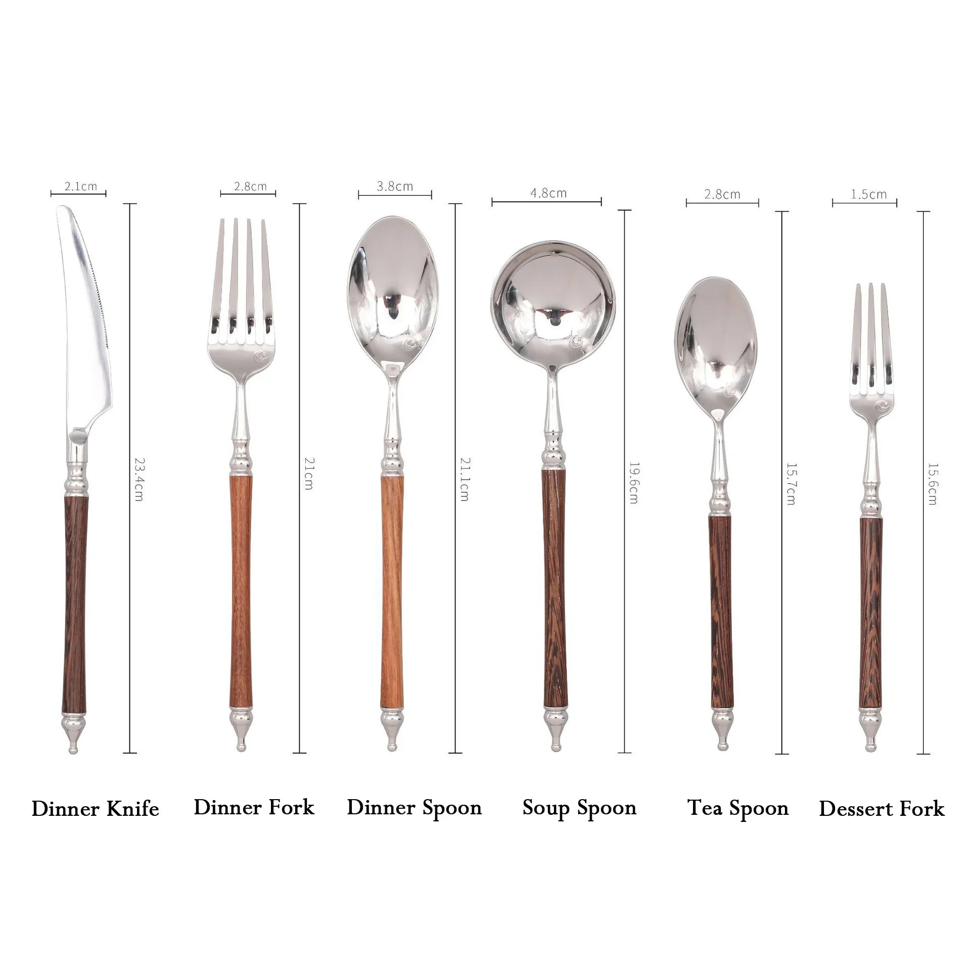 Measurement chart of cutlery with wooden handles on a white background