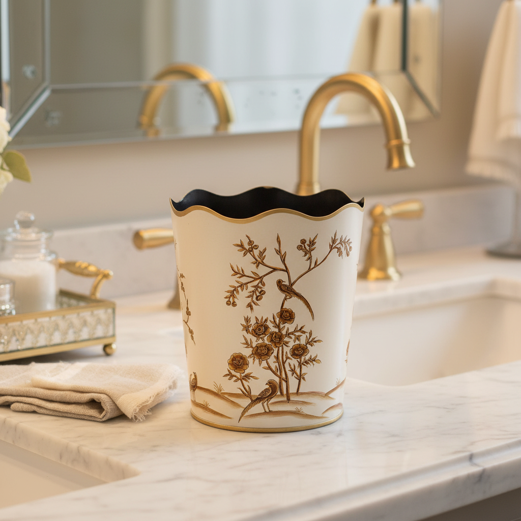 Decorative trash can with gold accents with floral and bird design on a bathroom counter