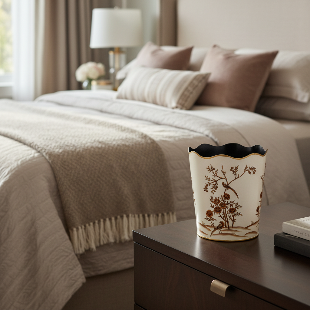 Decorative trash can on a nightstand next to a bed with pillows and a blanket.