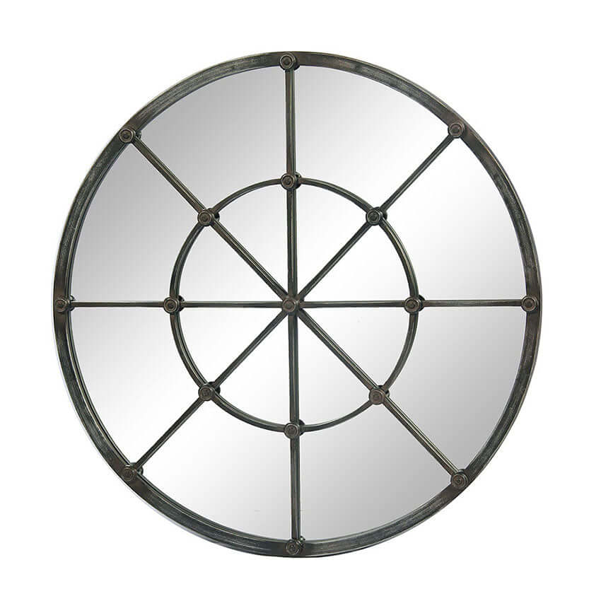 Round mirror with metal frame on a white background