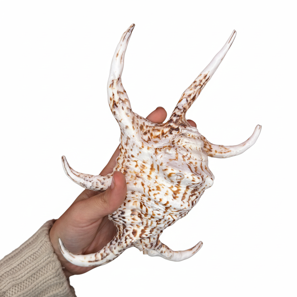 Hand holding a large shell with a white background