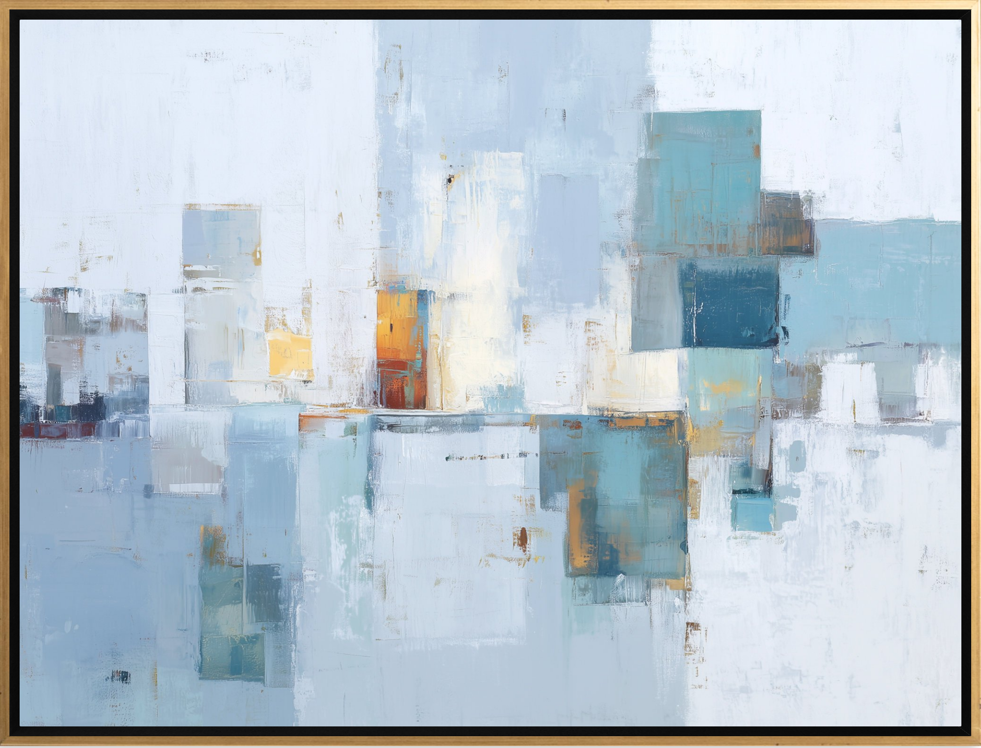 Abstract art piece with geometric shapes in blue, white, and gold.
