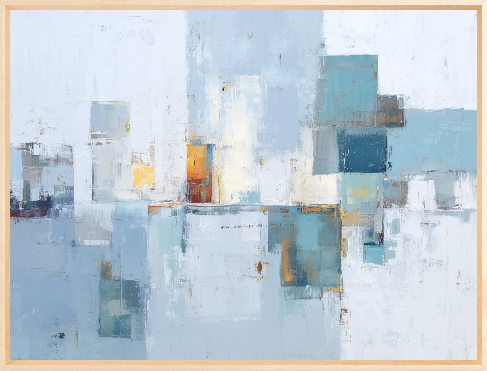 Abstract art piece with geometric shapes in blue, gold, and white.