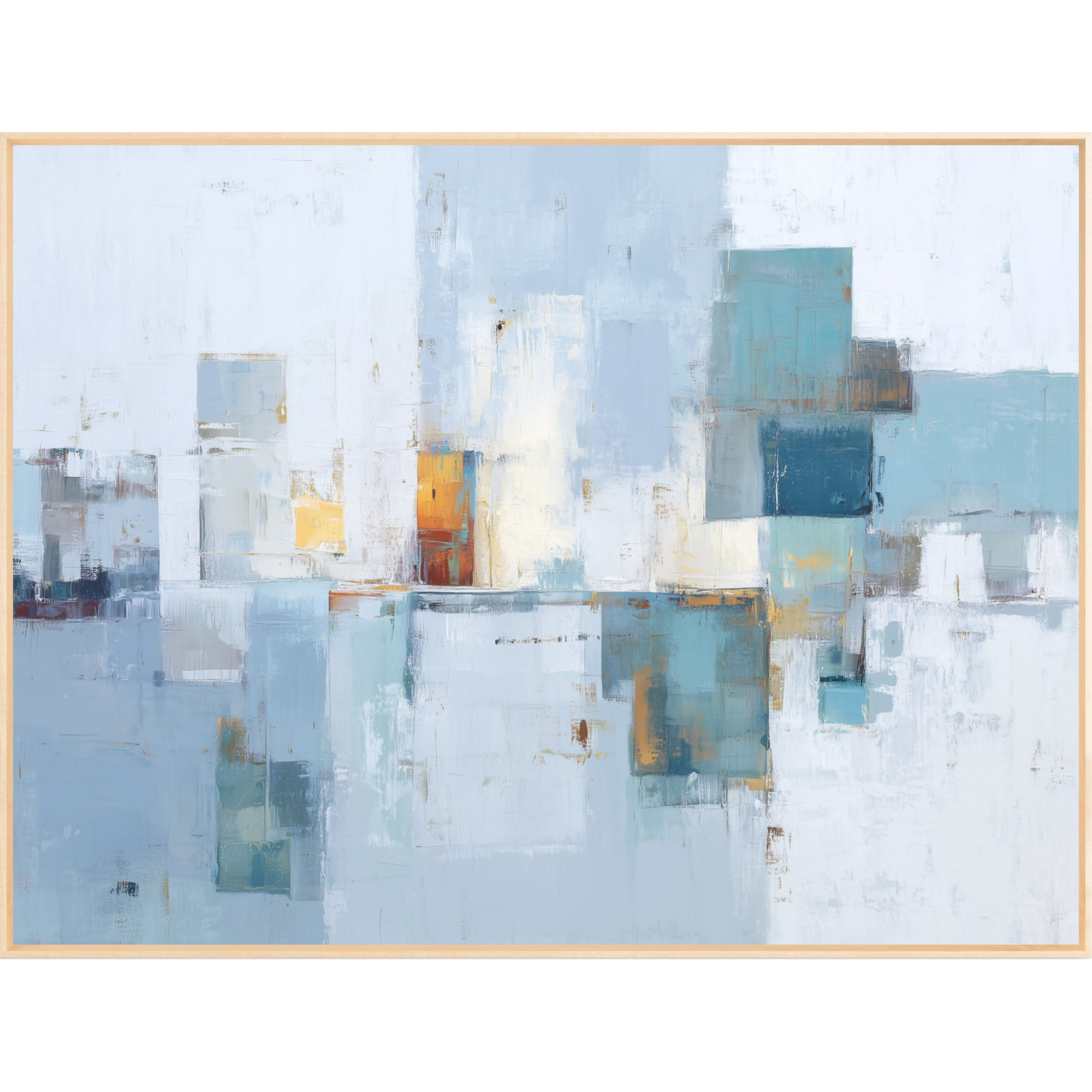 Abstract art piece with geometric shapes in blue, gold, and white.