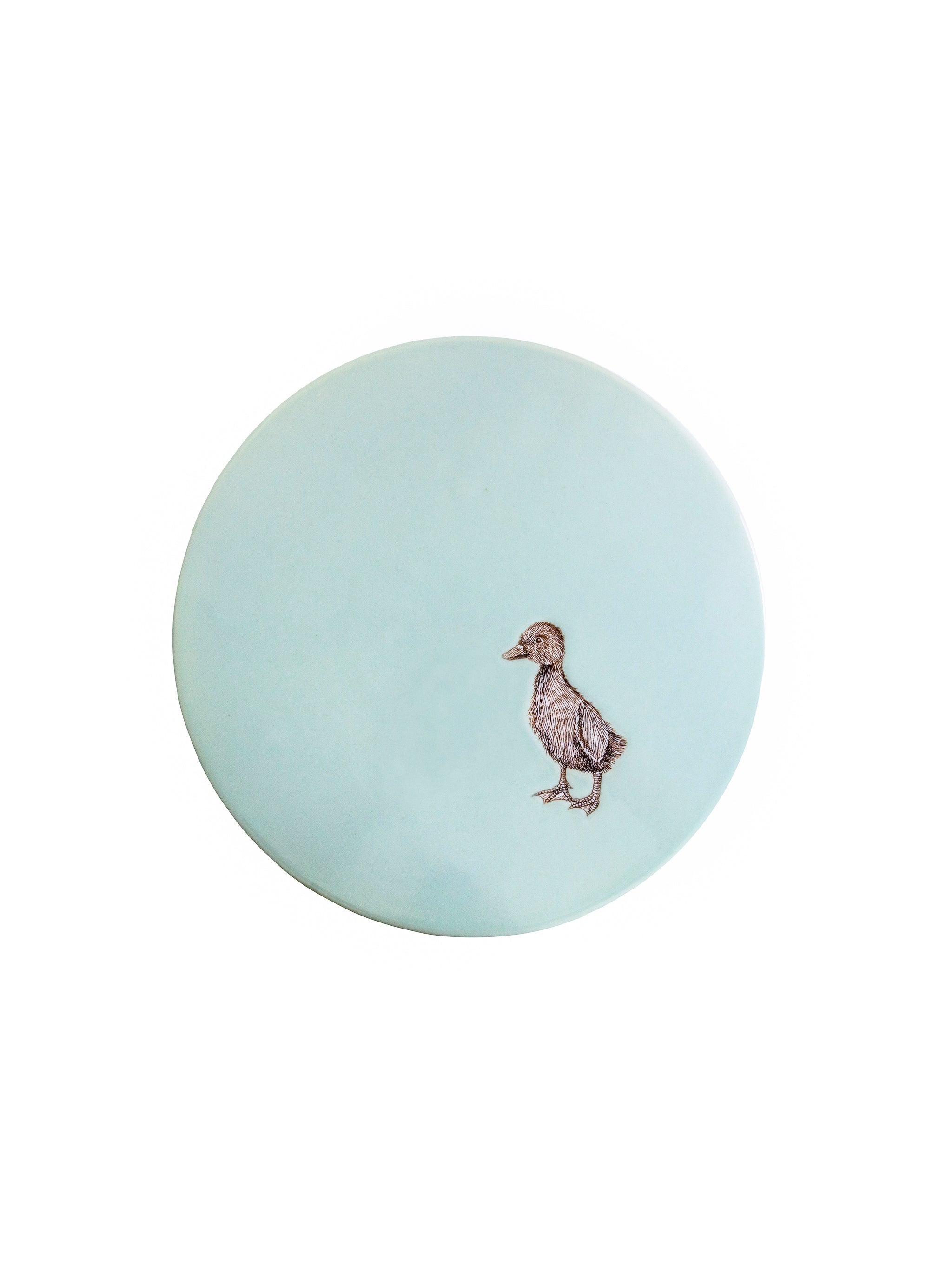 Round light blue cake stand seen from above with a duck design on a white background