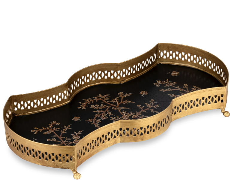 Black Scalloped Vanity Tray Hand Painted Delightful Scenic Design
