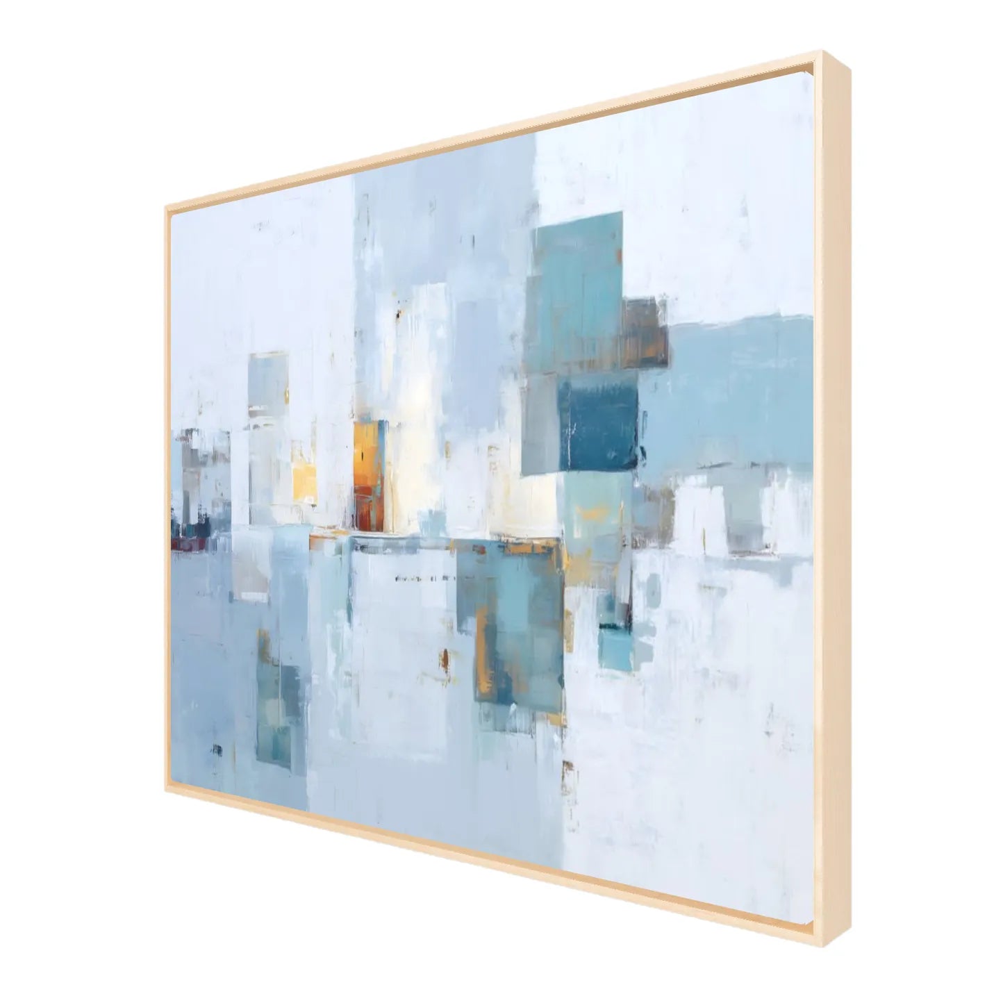 Framed abstract artwork with geometric shapes on a white background