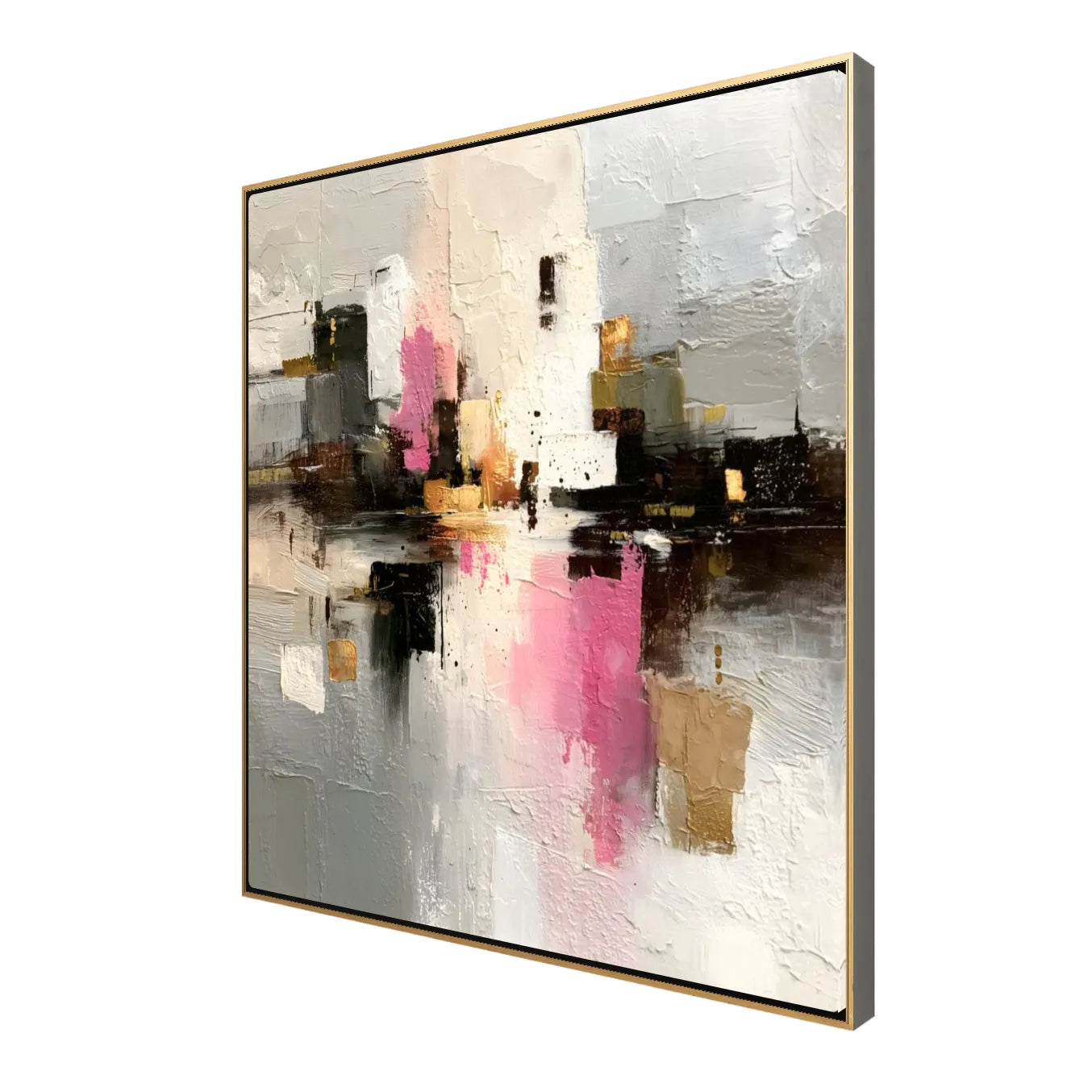 Abstract cityscape painting with reflective water and colorful buildings in a gold frame.