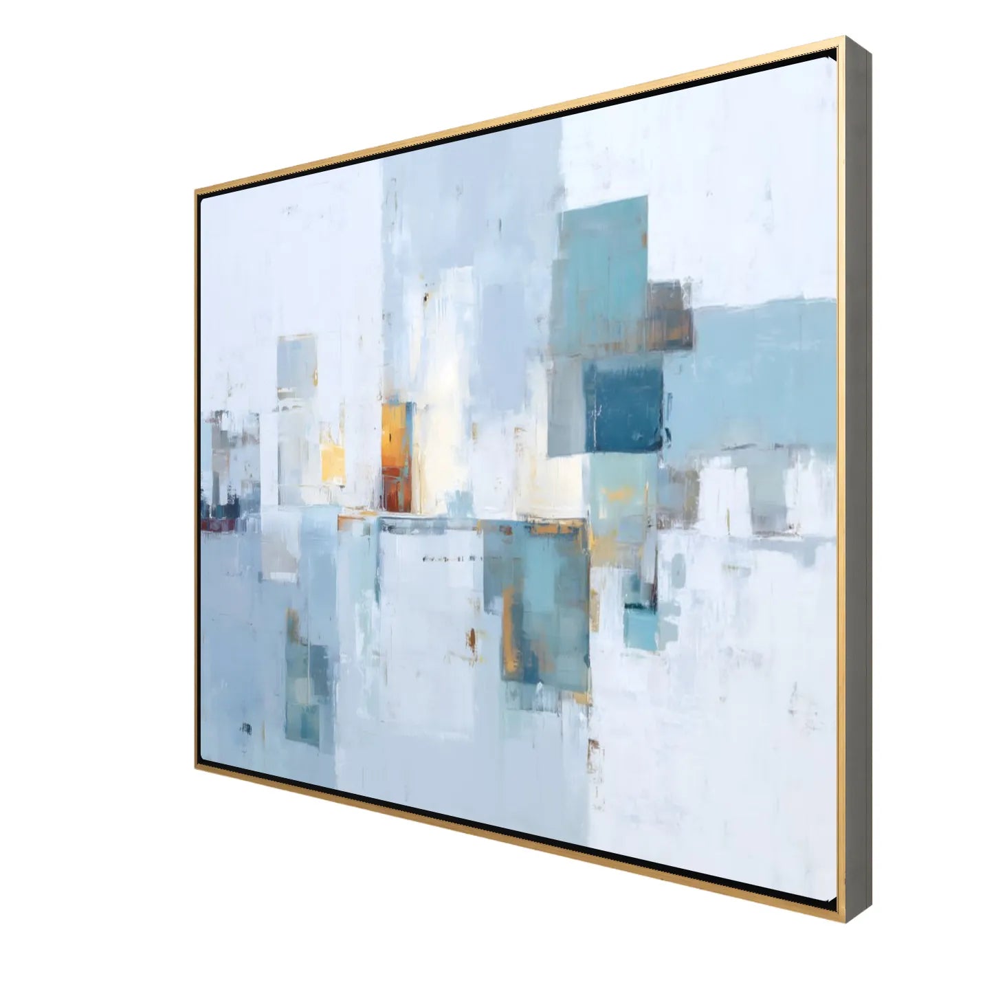 Abstract art piece with geometric shapes in blue, white, and gold on a white background