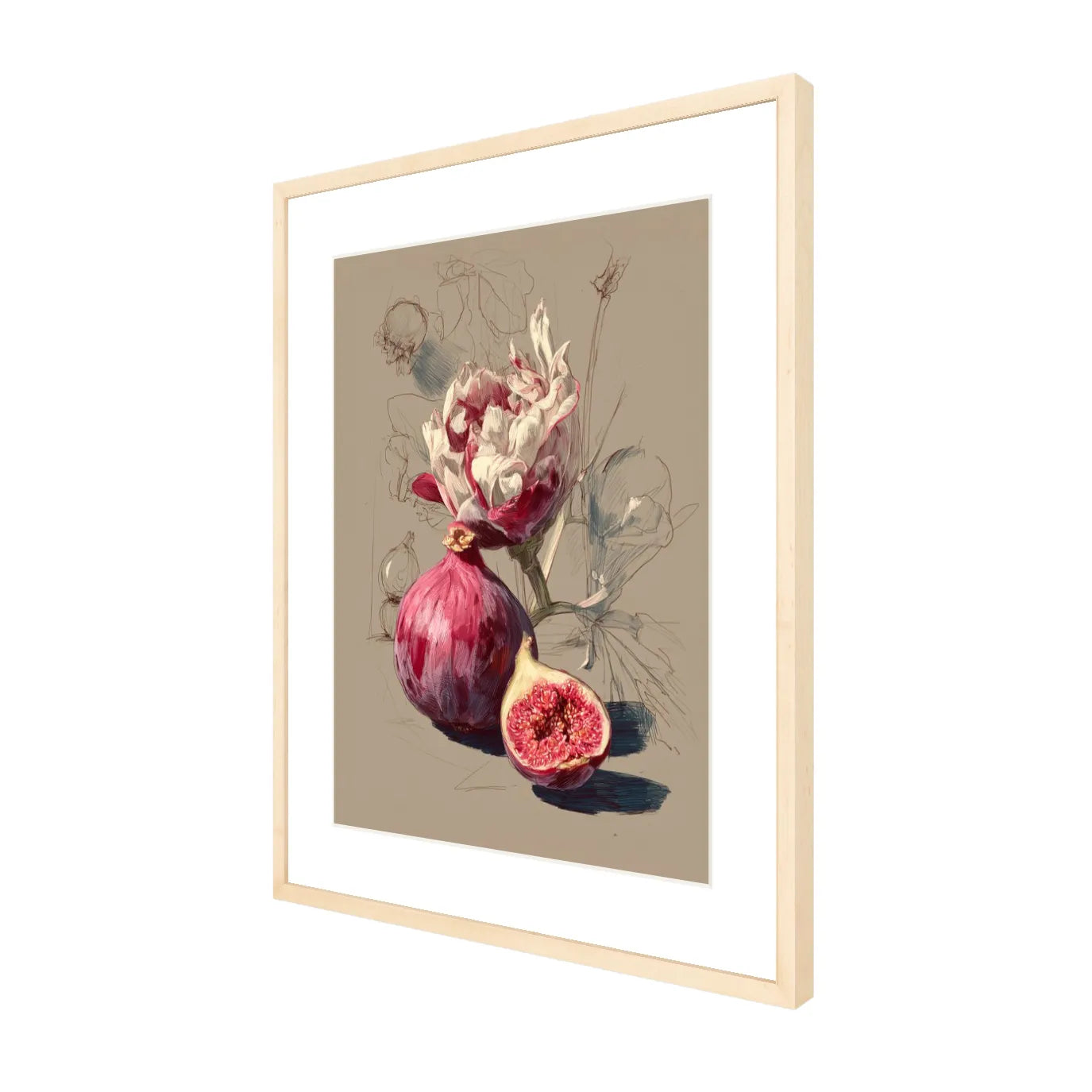 Framed artwork of figs and flowers on a beige background