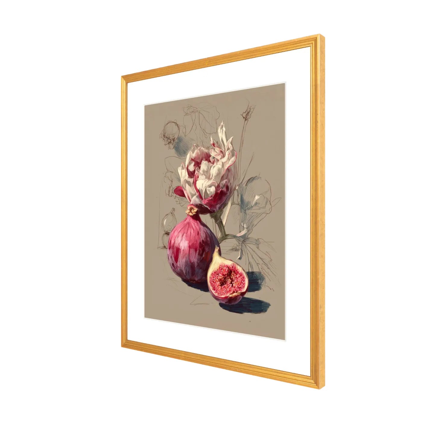 Framed artwork of figs and flowers on a beige background