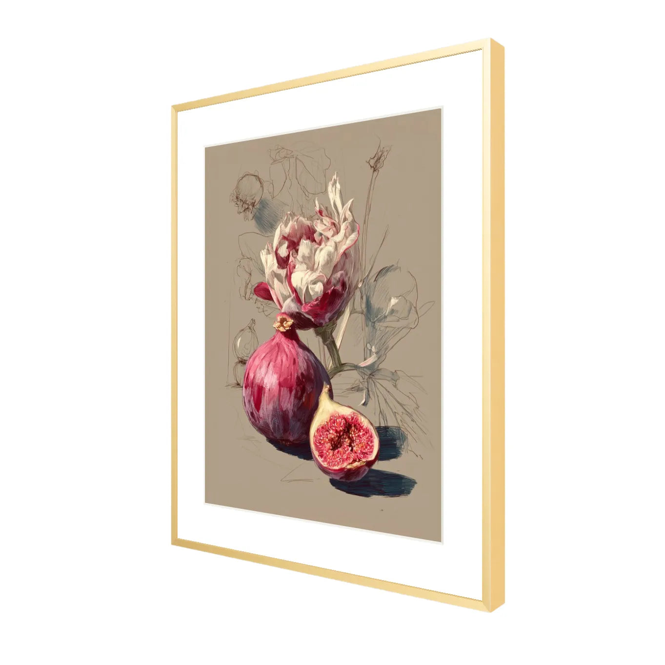 Framed artwork of figs and flower on a beige background