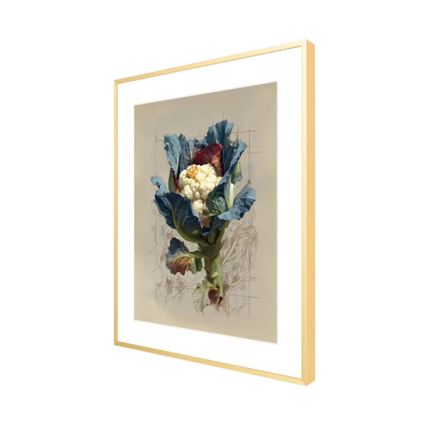Framed artwork of a still life with vegetables on a beige background