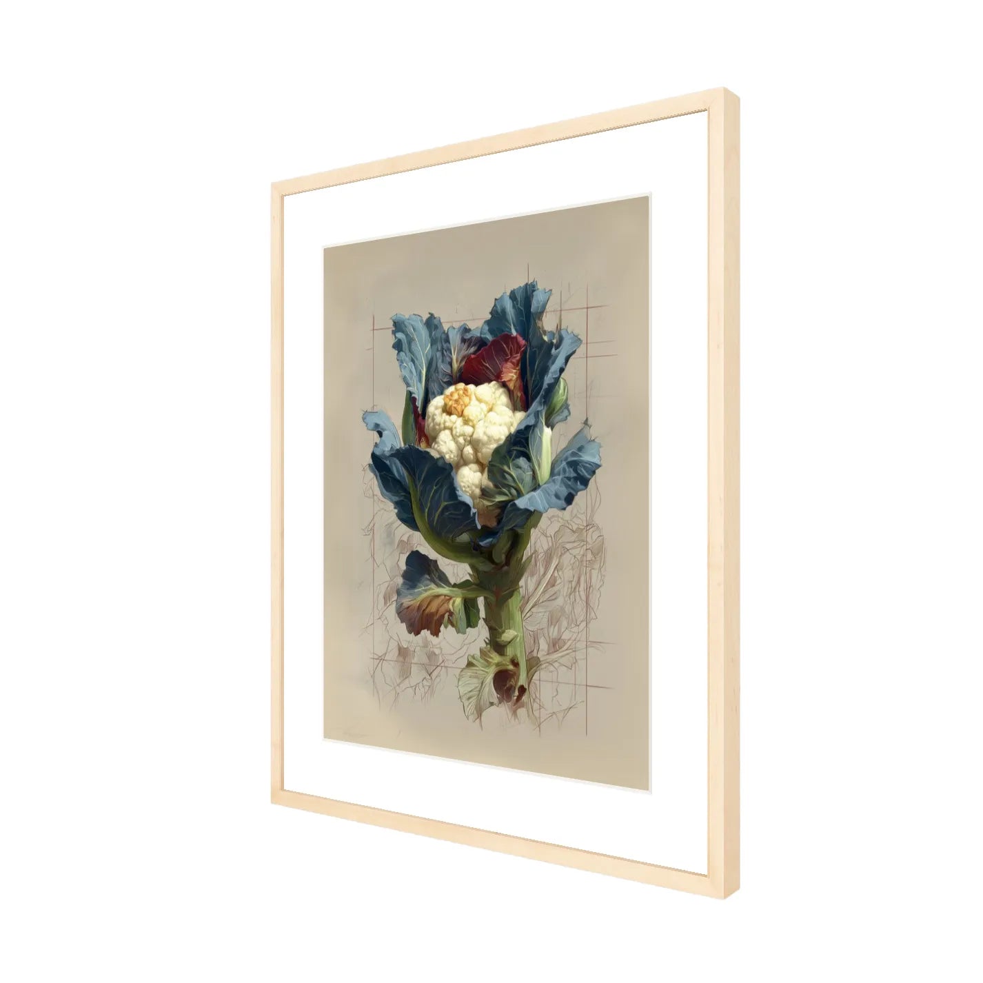 Framed artwork of a cauliflower floral design on a beige background