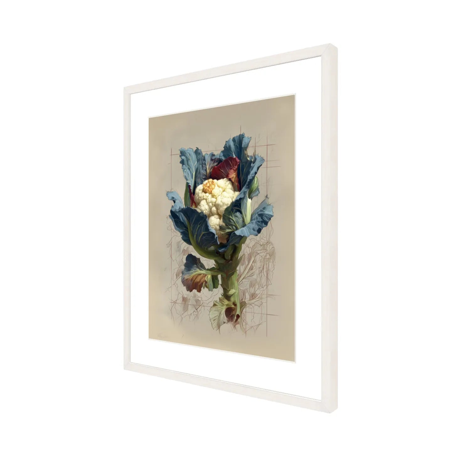 Framed artwork of a cauliflower on a beige background