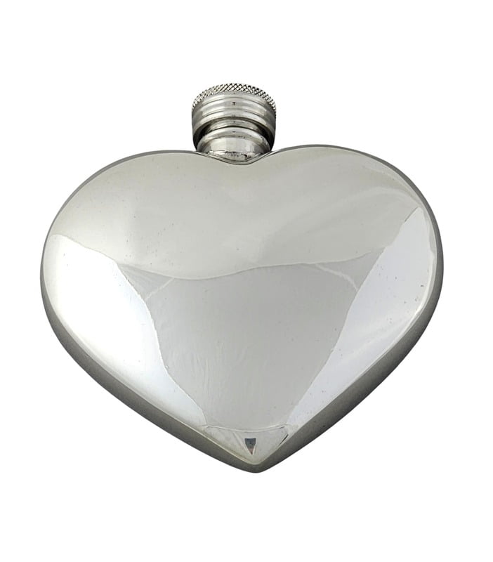 Heart-shaped silver flask on a white background