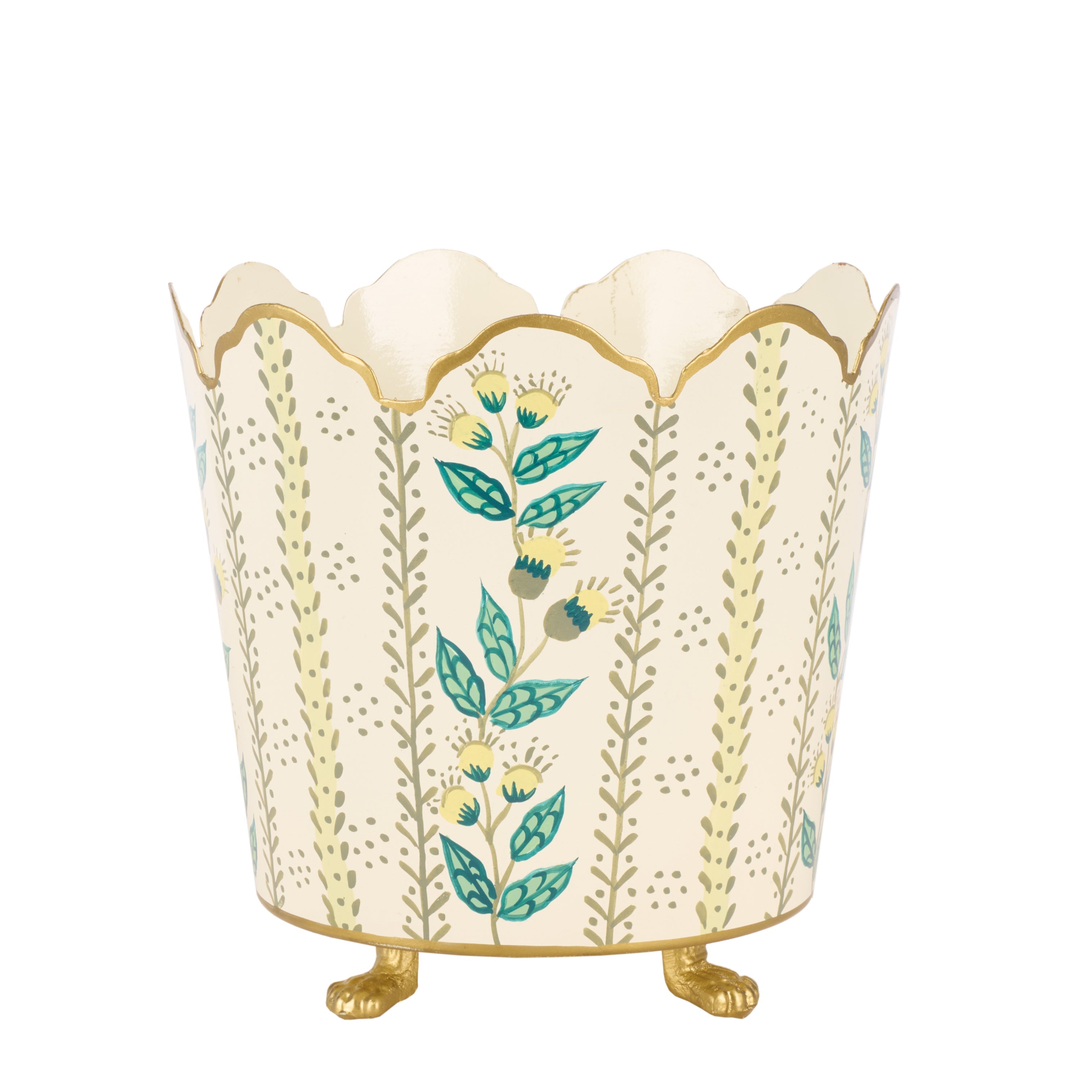 Decorative planter with green and yellow floral design on a white background