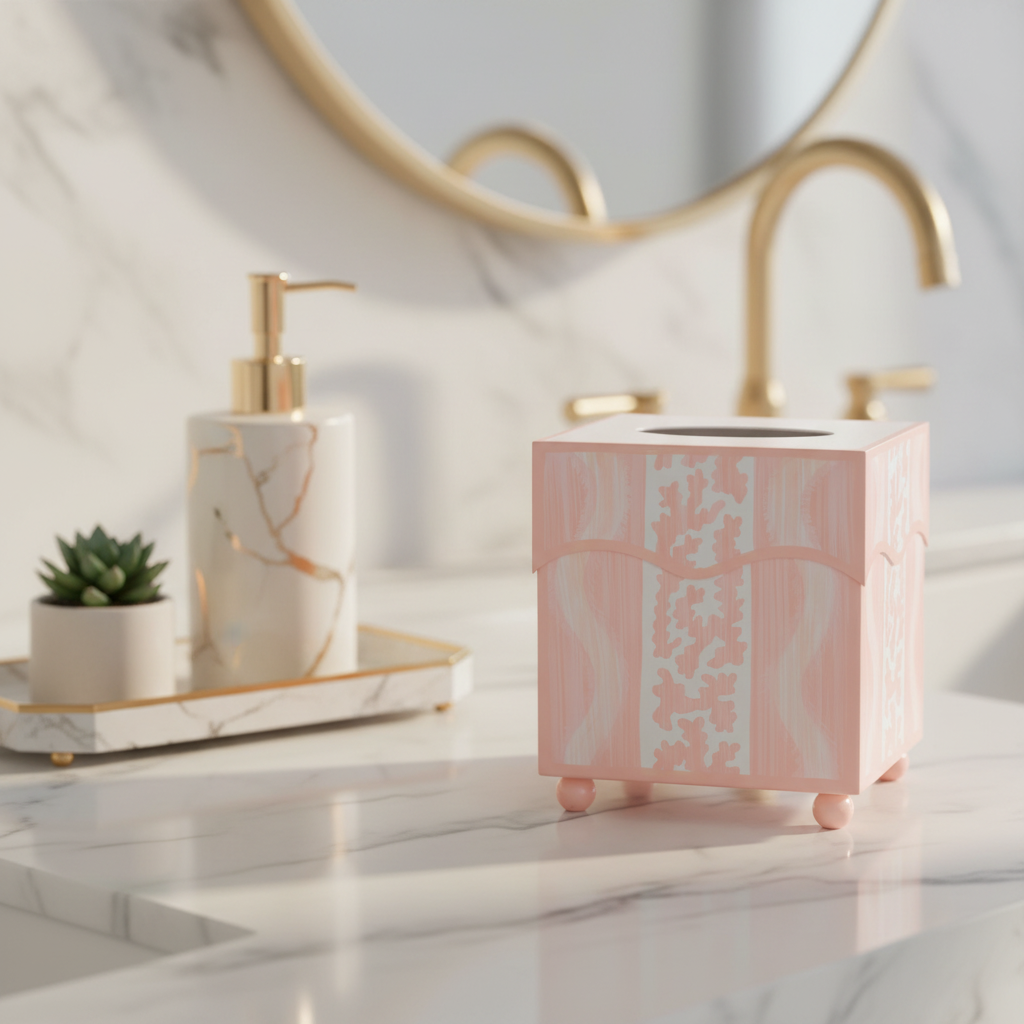 Pink tissue holder on a bathroom counter with marble wall and gold fixtures