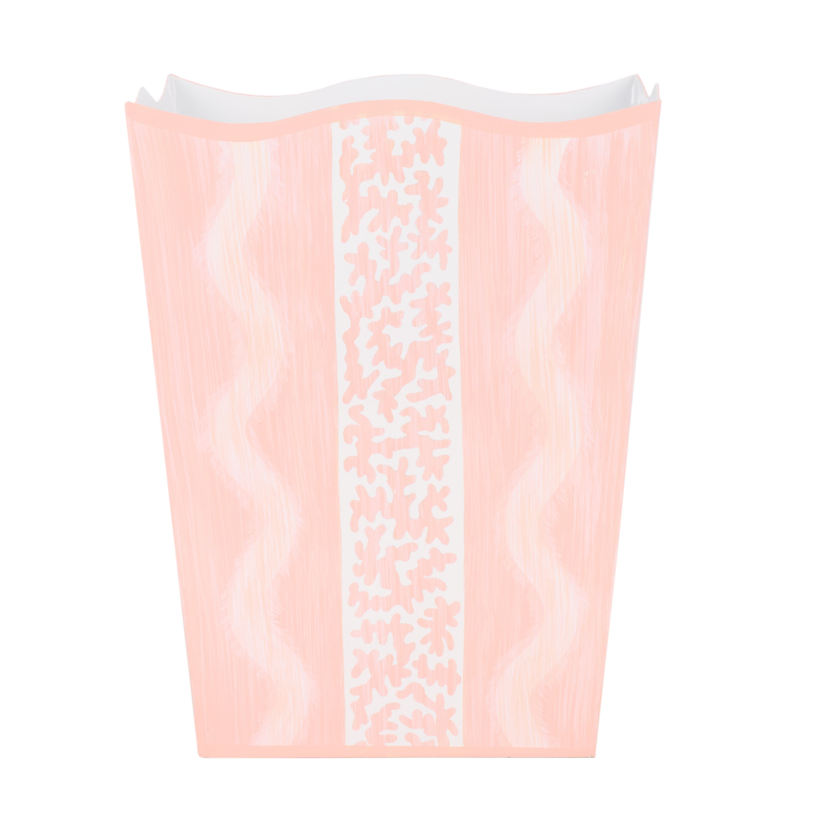 Pink and white lace patterned trash can on a white background