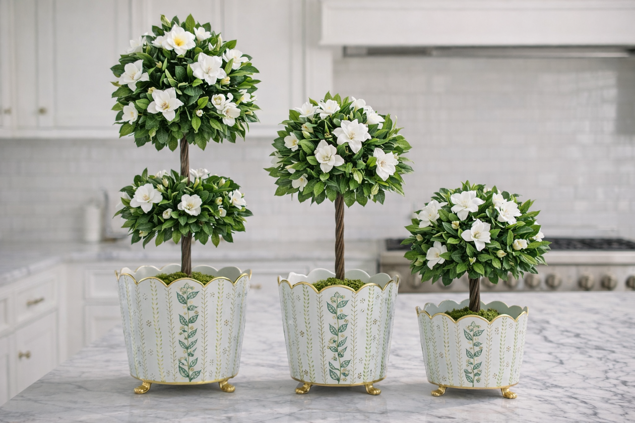 Three decorative potted plants with white flowers on a kitchen counter.