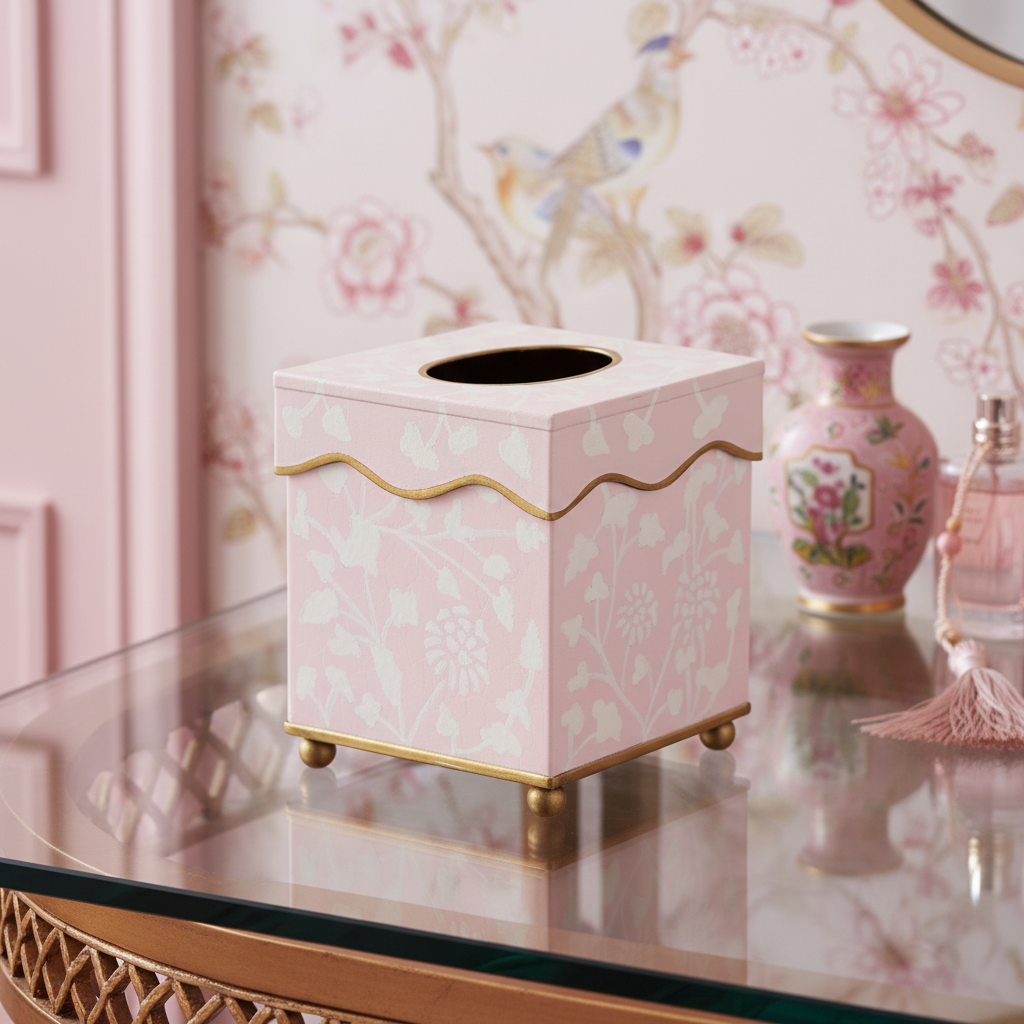 Pink floral tissue box with gold accents on a decorative table