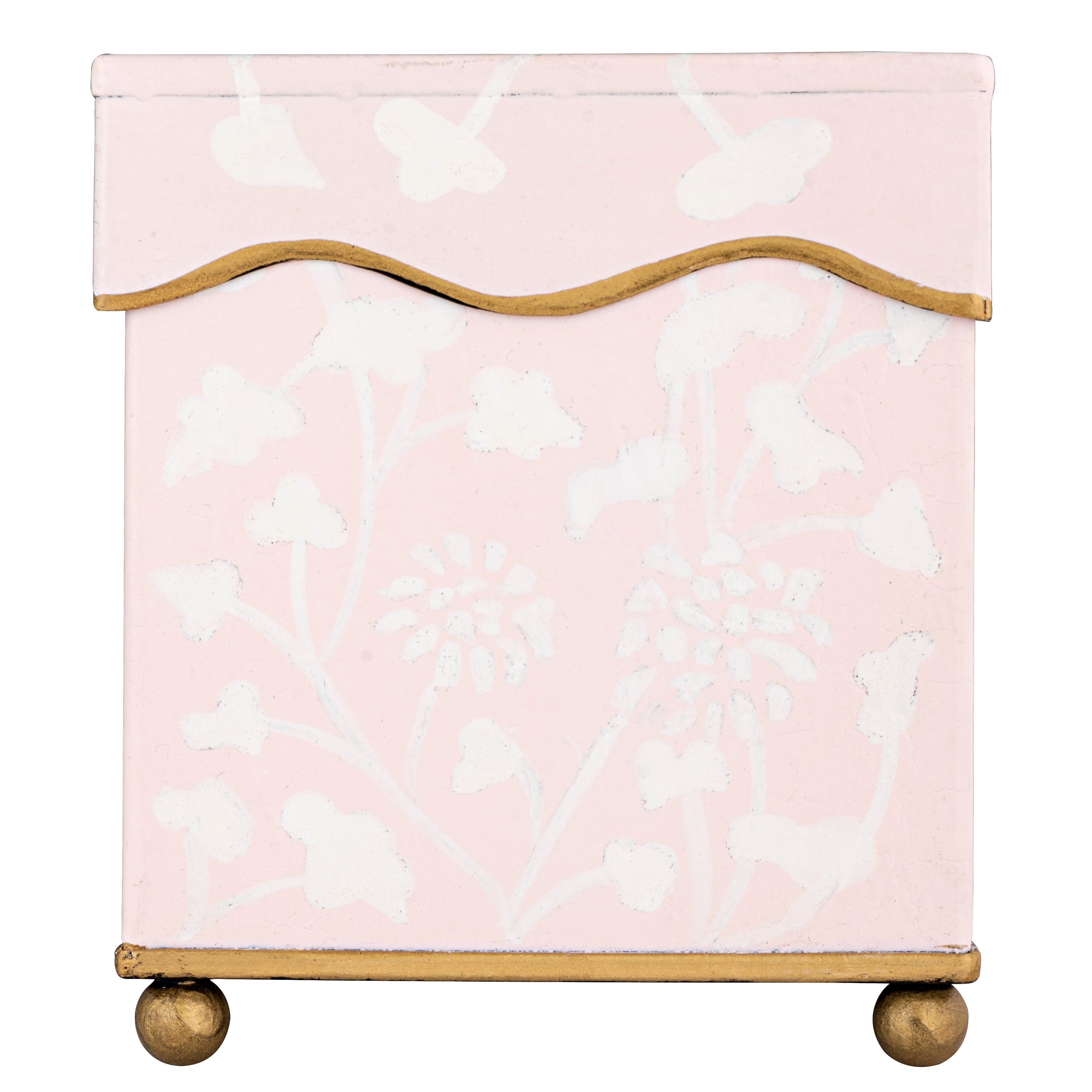 Tissue box with pink floral pattern and gold accents on a white background