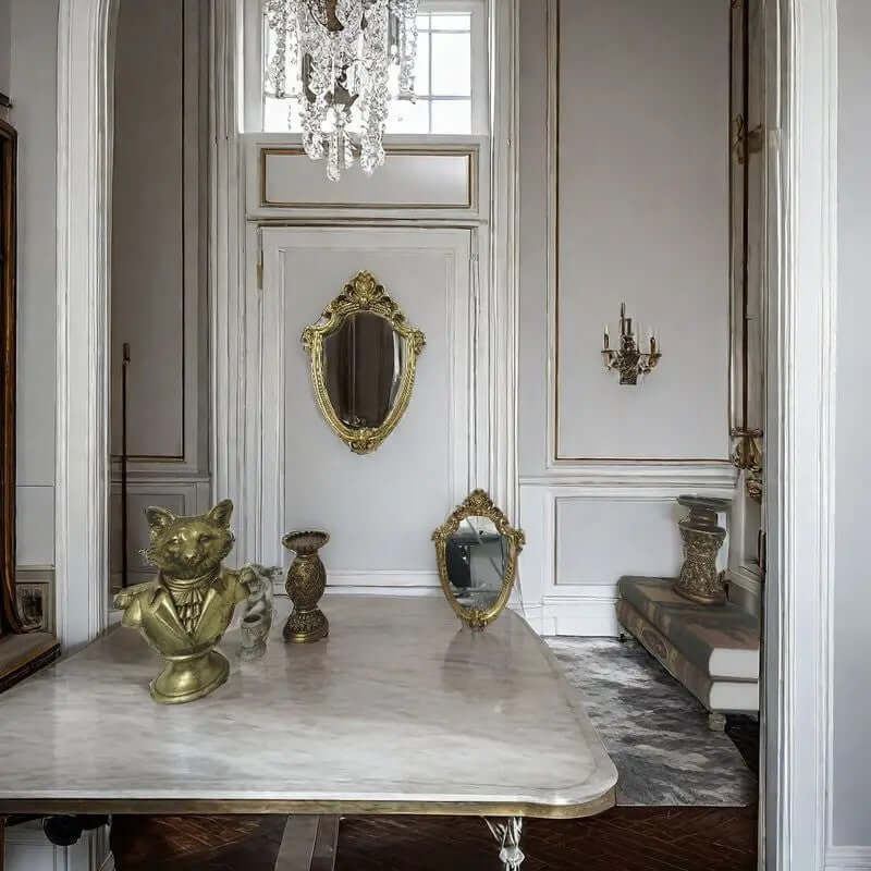 Elegant interior with marble table, gold sculptures, and decorative mirrors.