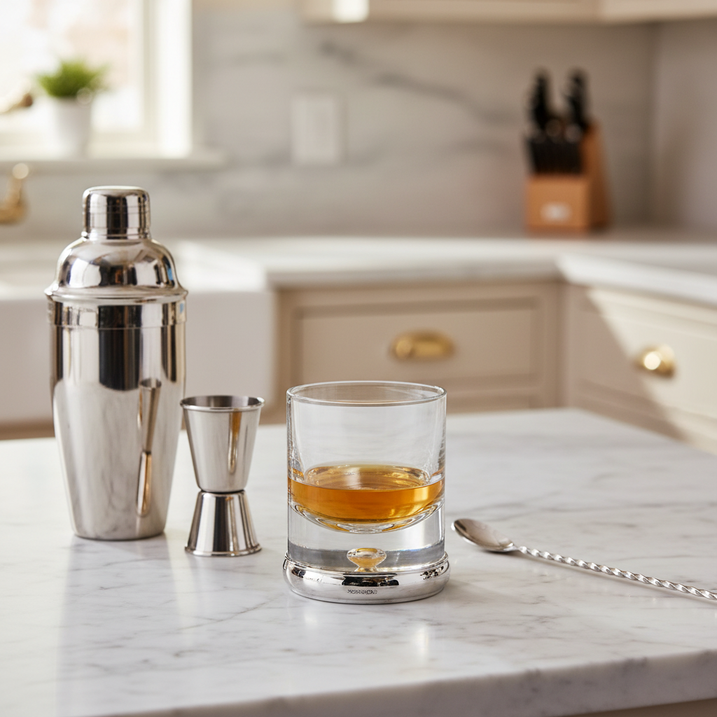 Clear whiskey glass tumbler with a sterling silver base containing whiskey, Cocktail shaker, jigger, on a kitchen counter