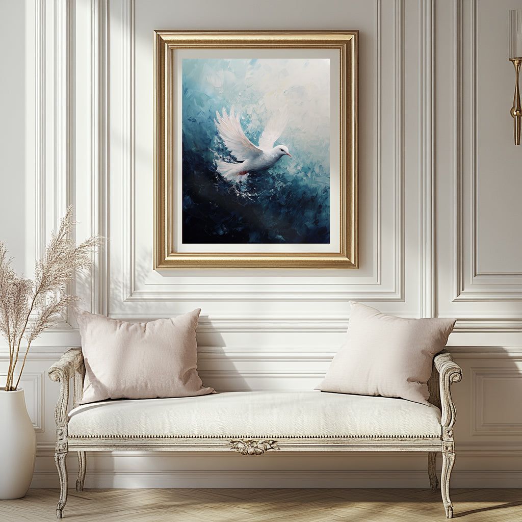 Framed artwork of a dove on a wall above a decorative sofa.