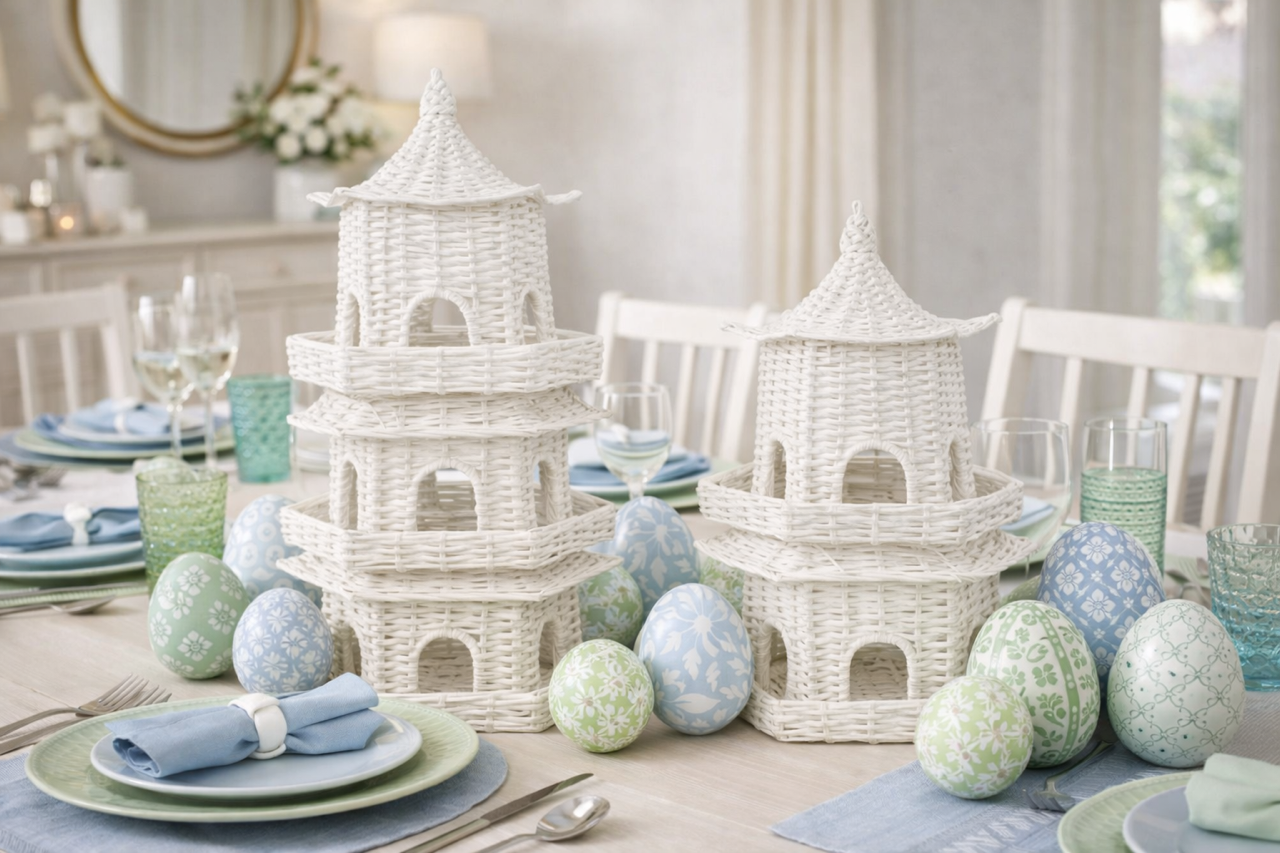 Easter table setting with decorative eggs and wicker table centerpieces.