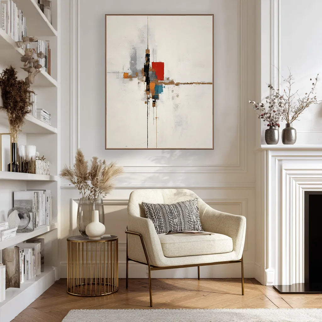 Modern living room with a chair, bookshelf, and abstract painting.