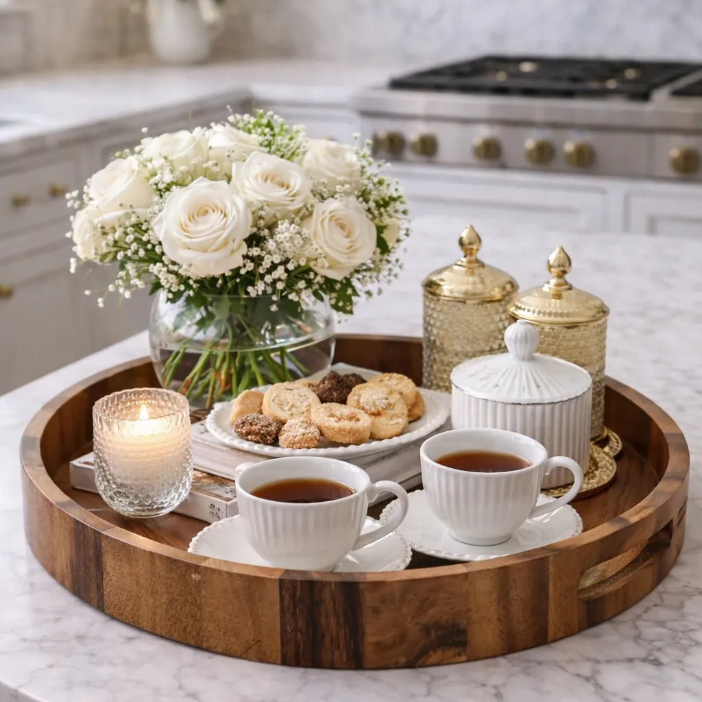 Acacia wood serving tray with tea cups, cookies, and a vase of white flowers on a kitchen counter.