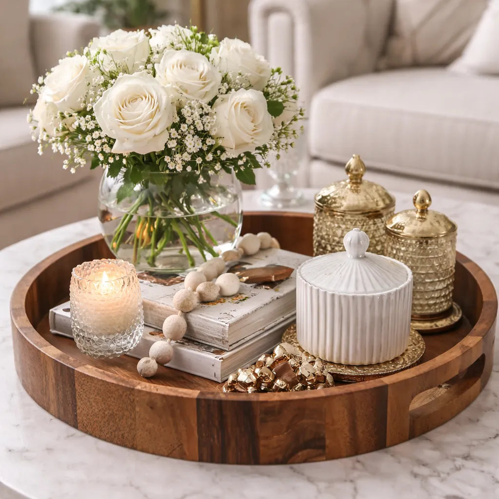 Acacia wood serving tray with flowers, candles, and decorative items on a marble surface.