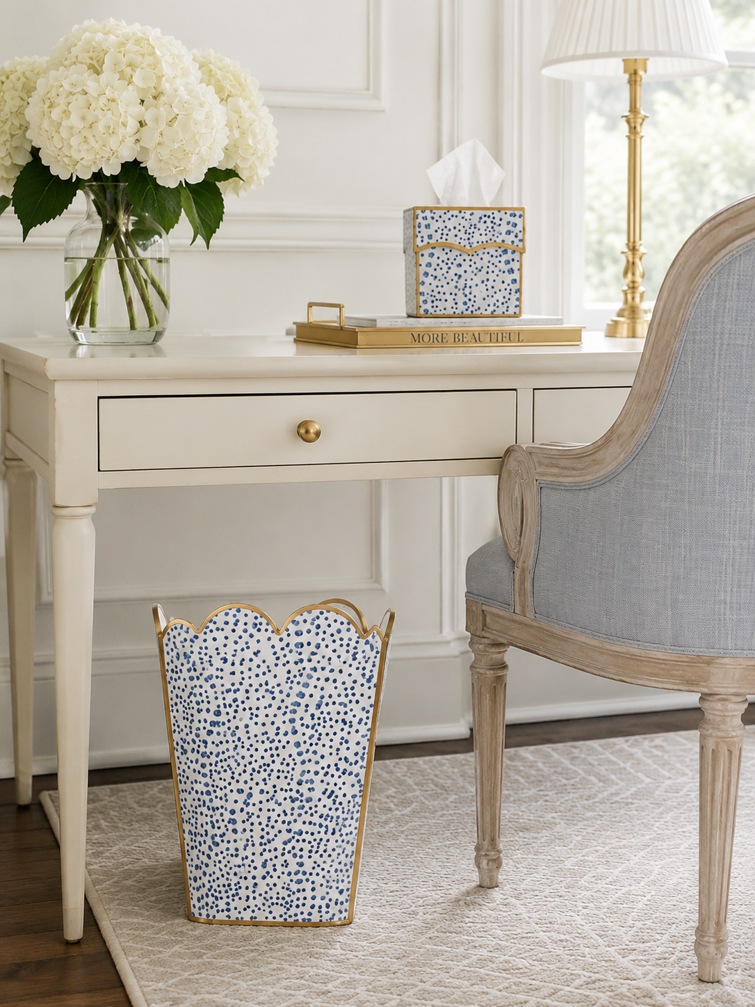 Navy Dot Square Scalloped Wastepaper Basket & Tissue Holder (2 Options)