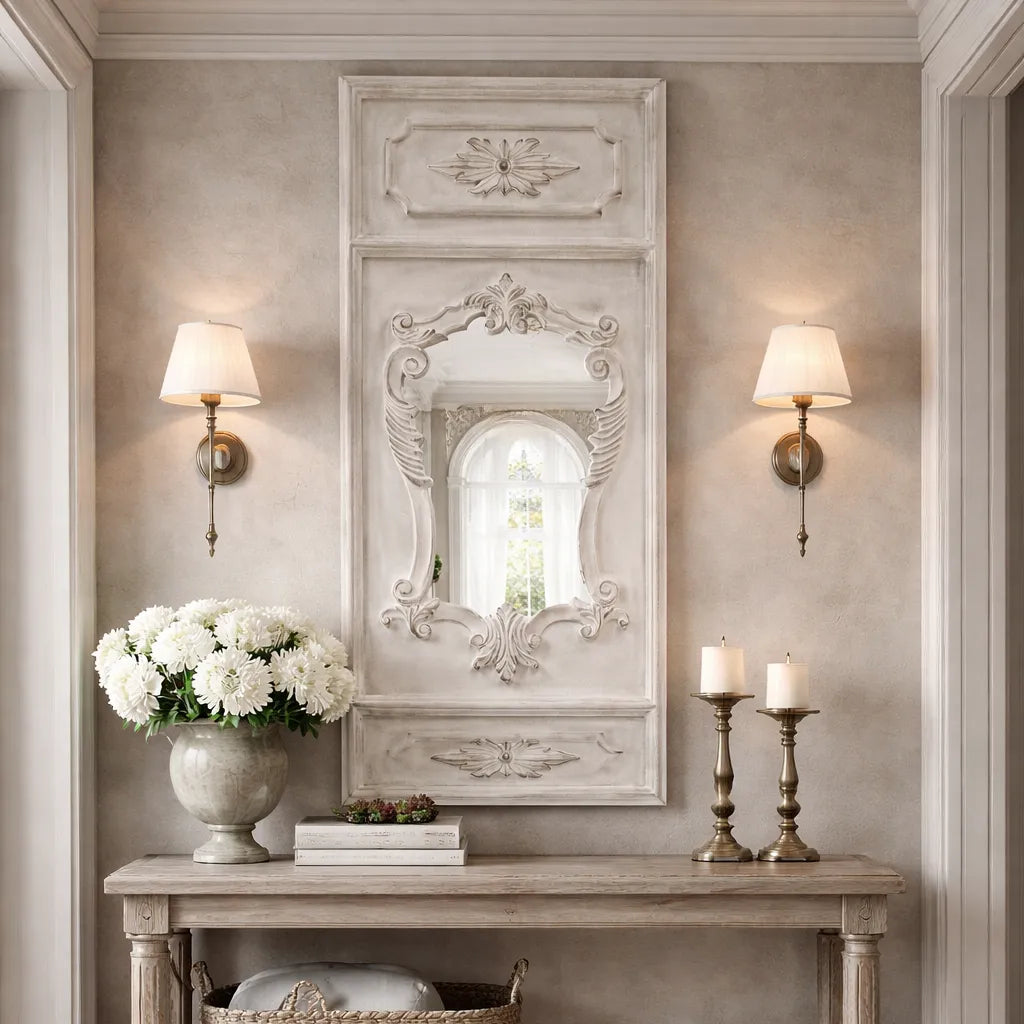 Decorative Angelique French Trumeau Stone White Wall Mirror with intricate carvings, with floral arrangement and candles in a room with ornate wall sconces.